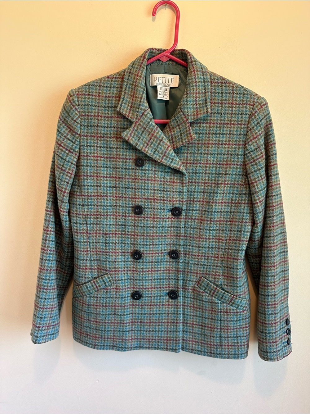 Petite Sophisticate 6 Double Breasted Blazer Blue Green Red Plaid 80s 90s